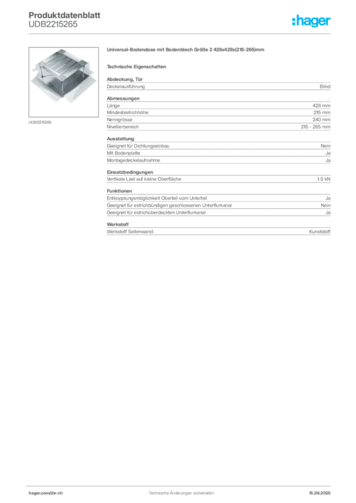 Bild Hager Produktdatenblatt UDB2215265 | Hager Schweiz