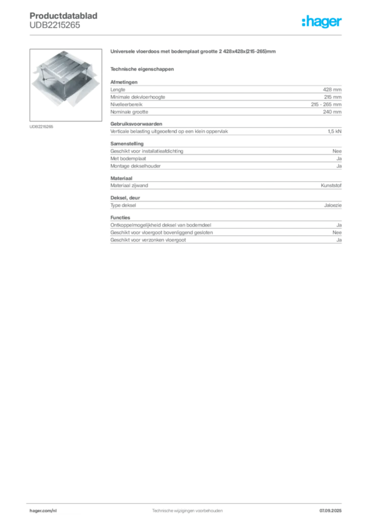 Afbeelding Hager Productdatablad UDB2215265 | Hager Nederland