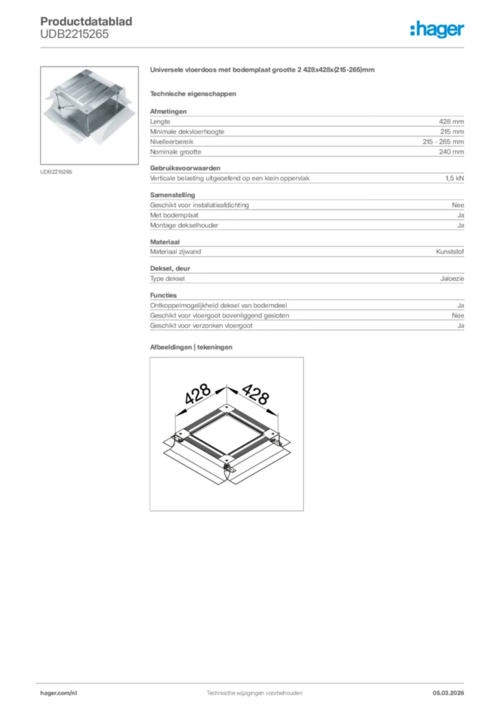 Afbeelding Hager Productdatablad UDB2215265 | Hager Nederland