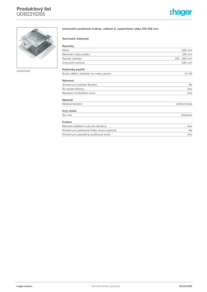 Obrázek Hager Produktový list UDB2215265 | Hager