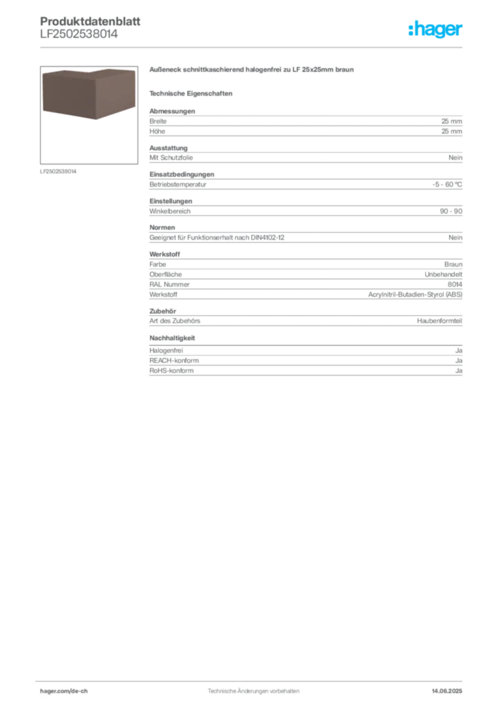Bild Hager Produktdatenblatt LF2502538014 | Hager Schweiz