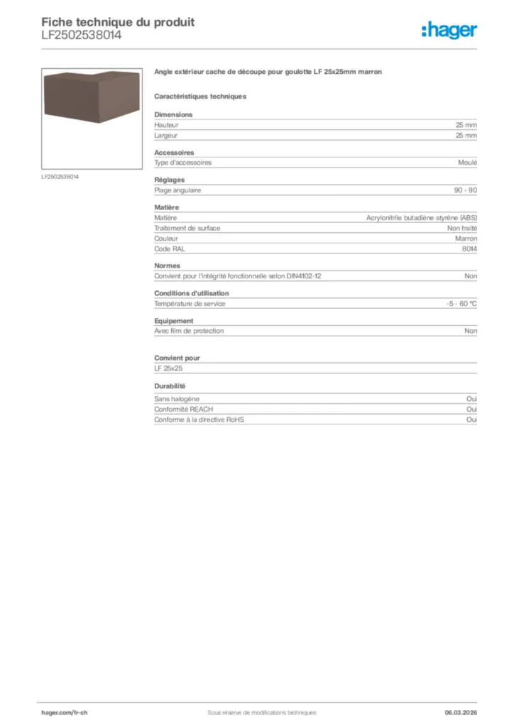 Image Hager Fiche technique du produit LF2502538014 | Hager Suisse