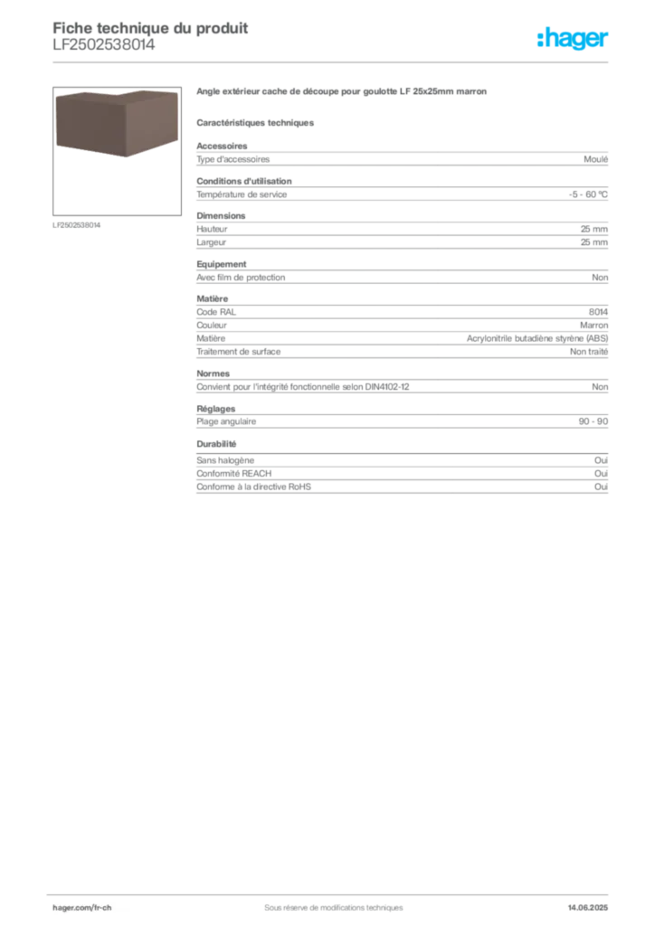 Image Hager Fiche technique du produit LF2502538014 | Hager Suisse