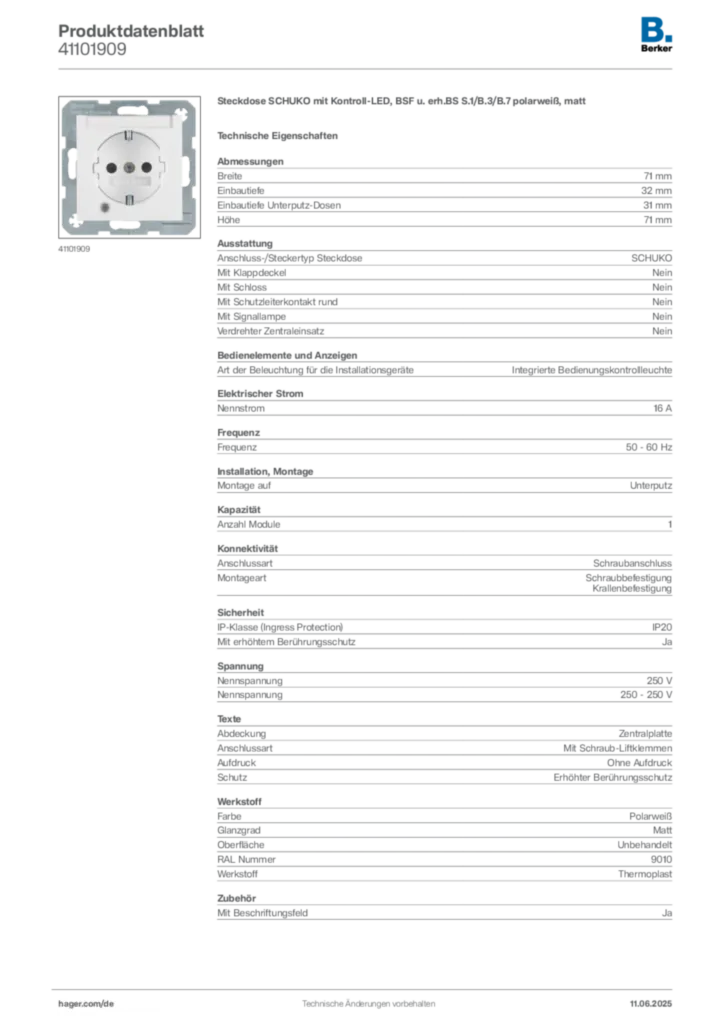 Bild Berker Produktdatenblatt 41101909 | Hager Deutschland