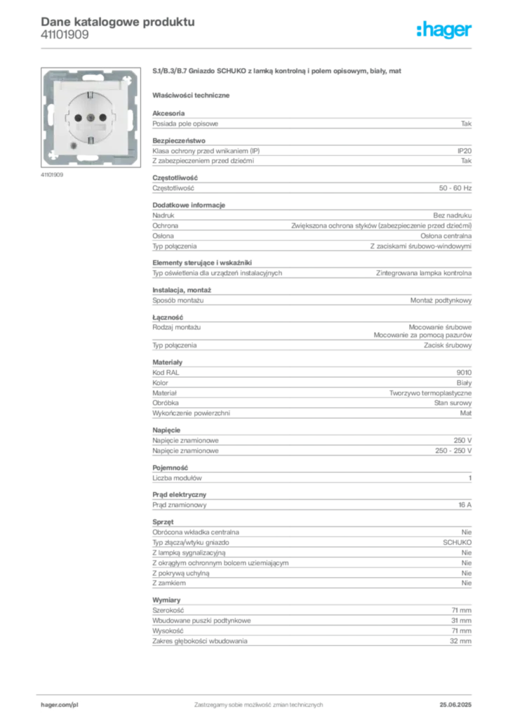 Zdjęcie Hager Karta katalogowa 41101909 | Hager Polska