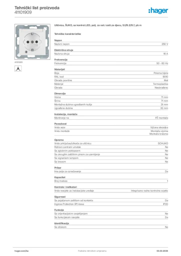Slika Hager Tehnički list proizvoda 41101909  | Hager