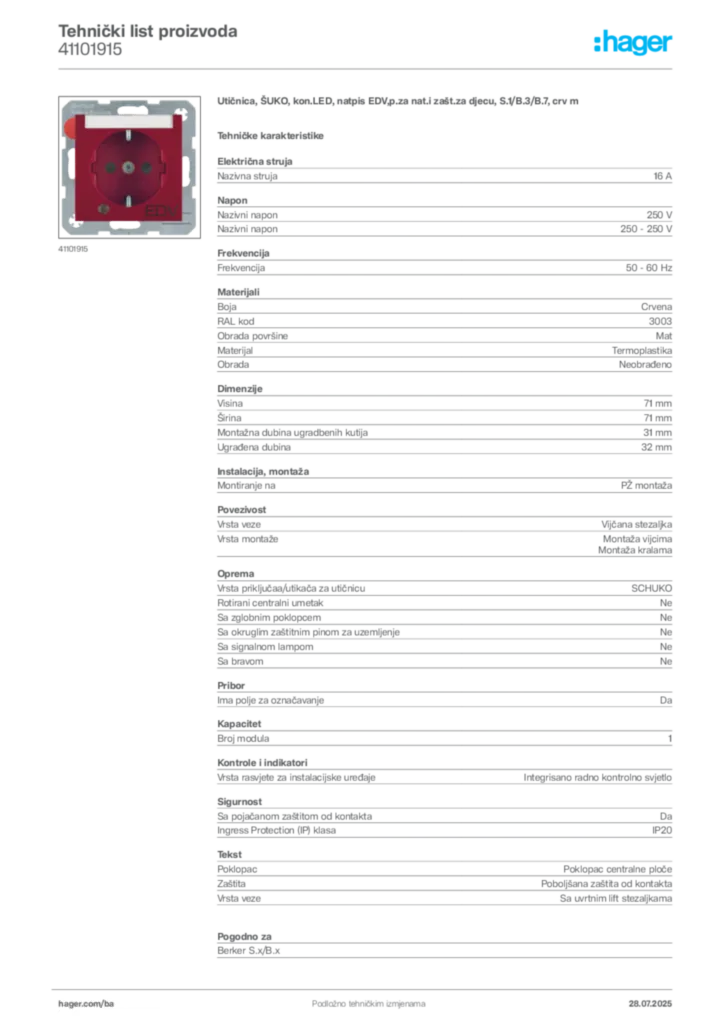Slika Hager Product data sheet 41101915  | Hager