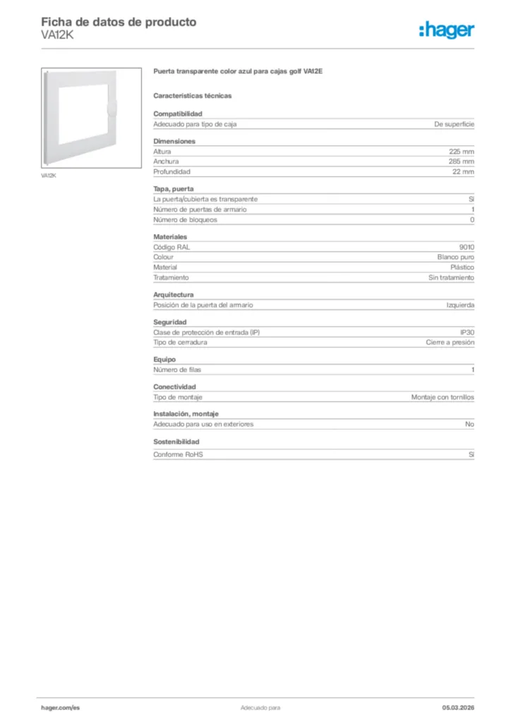 Imagen Hager Ficha de datos de producto VA12K | Hager España