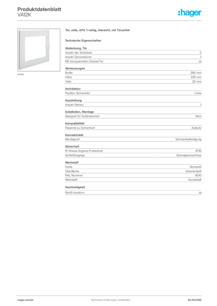 Bild Hager Produktdatenblatt VA12K | Hager Deutschland