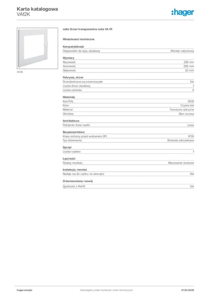 Zdjęcie Hager Karta katalogowa VA12K | Hager Polska