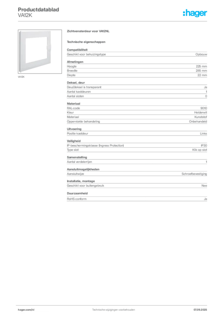 Afbeelding Hager Productdatablad VA12K | Hager Nederland