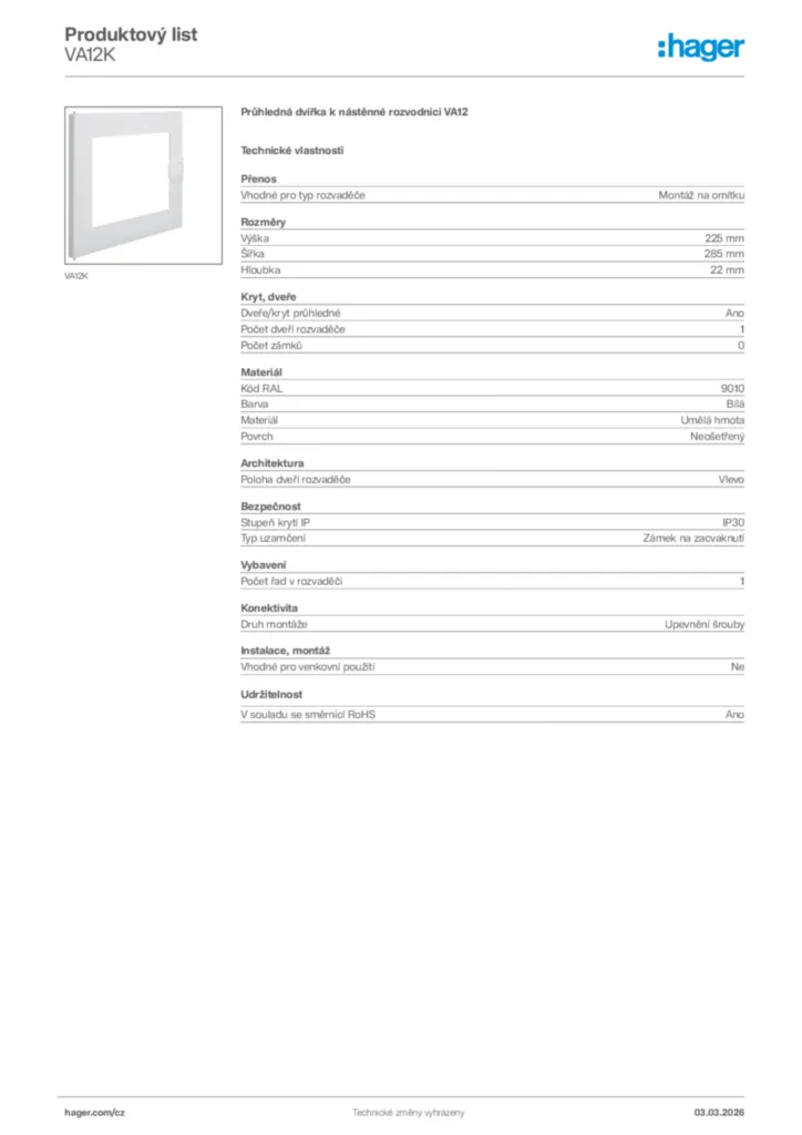 Obrázek Hager Product data sheet VA12K | Hager