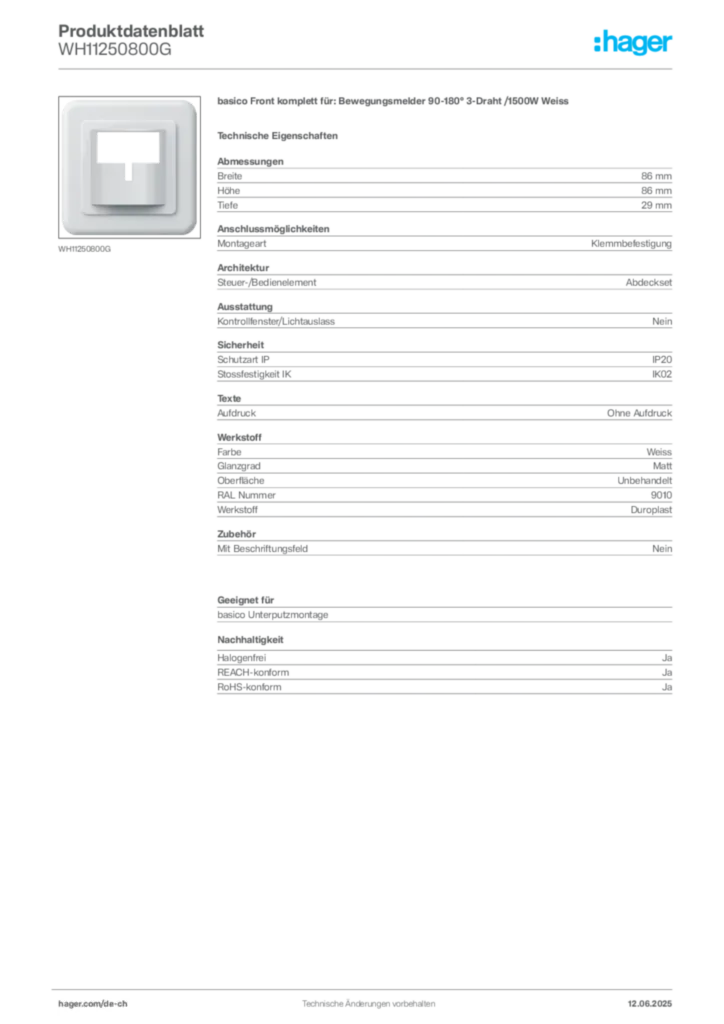 Bild Hager Produktdatenblatt WH11250800G | Hager Schweiz