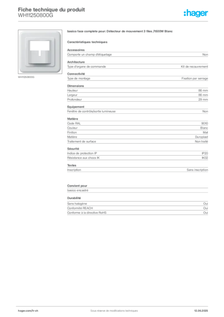 Image Hager Fiche technique du produit WH11250800G | Hager Suisse
