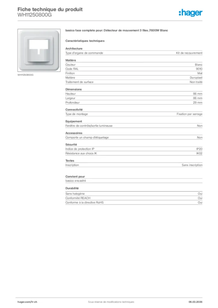 Image Hager Fiche technique du produit WH11250800G | Hager Suisse