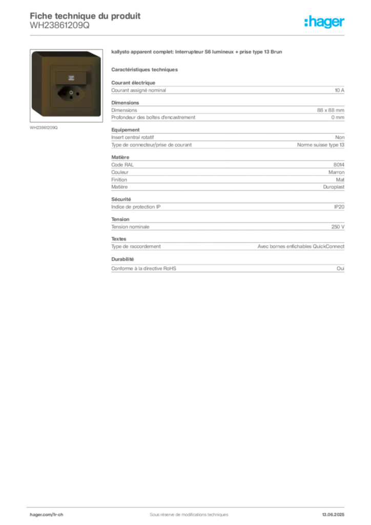 Image Hager Fiche technique du produit WH23861209Q | Hager Suisse