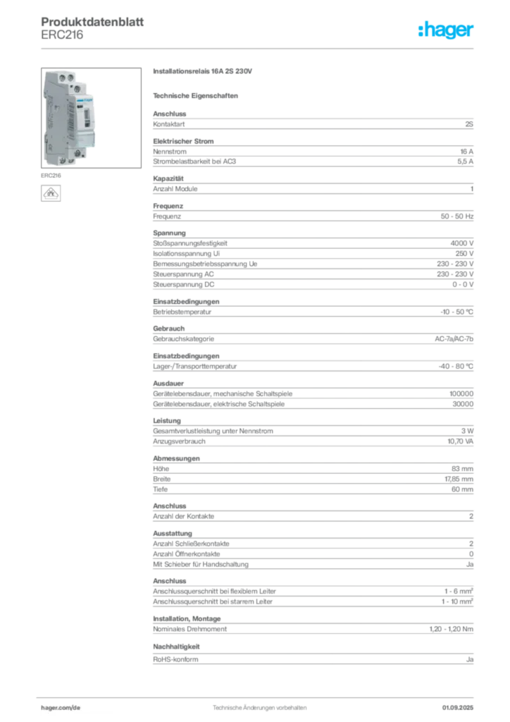Hager Produktdatenblatt ERC216