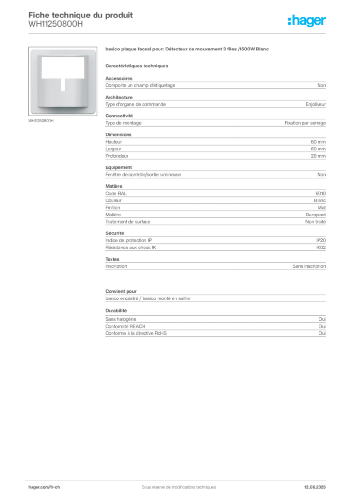Image Hager Fiche technique du produit WH11250800H | Hager Suisse