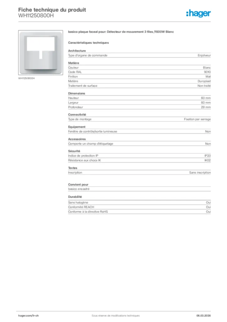 Image Hager Fiche technique du produit WH11250800H | Hager Suisse
