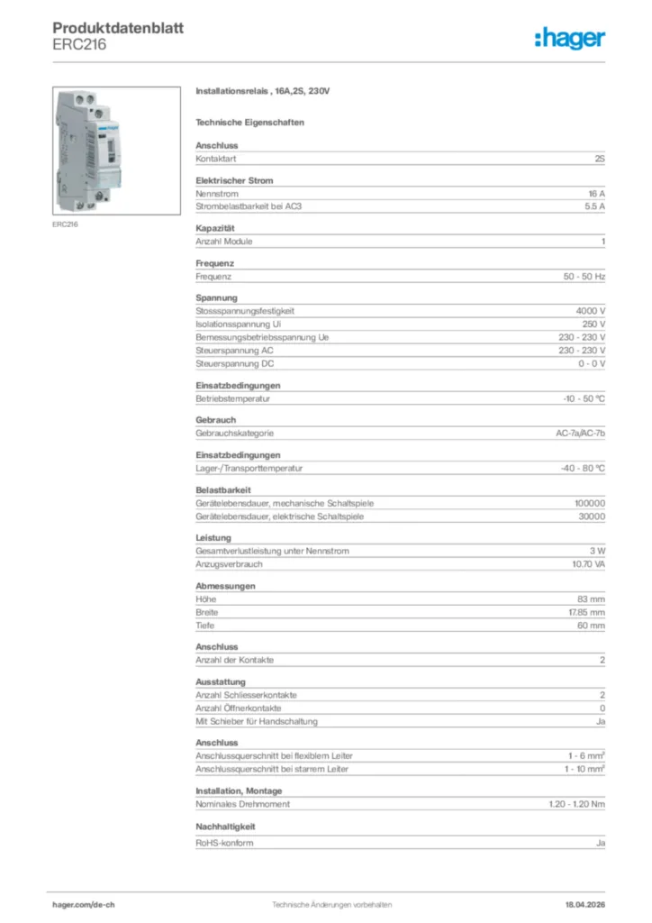 Bild Hager Produktdatenblatt ERC216 | Hager Schweiz