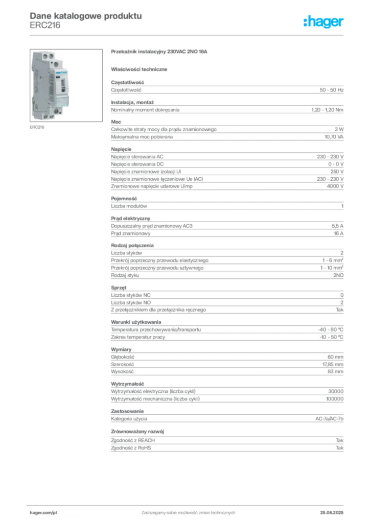 Zdjęcie Hager Karta katalogowa ERC216 | Hager Polska