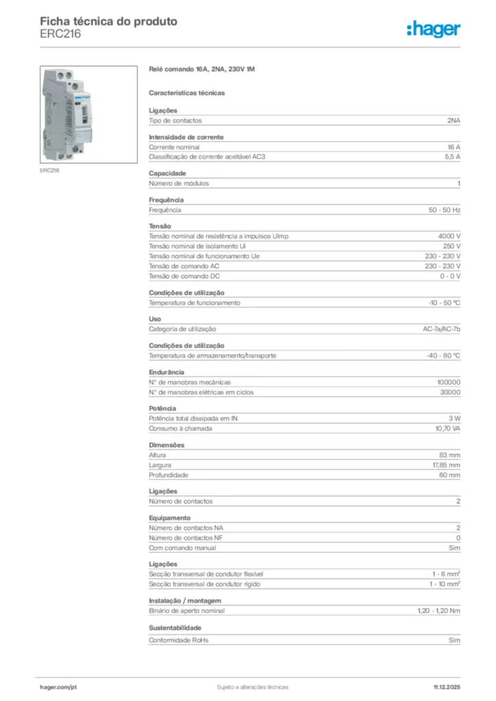 Imagem Hager Ficha técnica do produto ERC216 | Hager Portugal