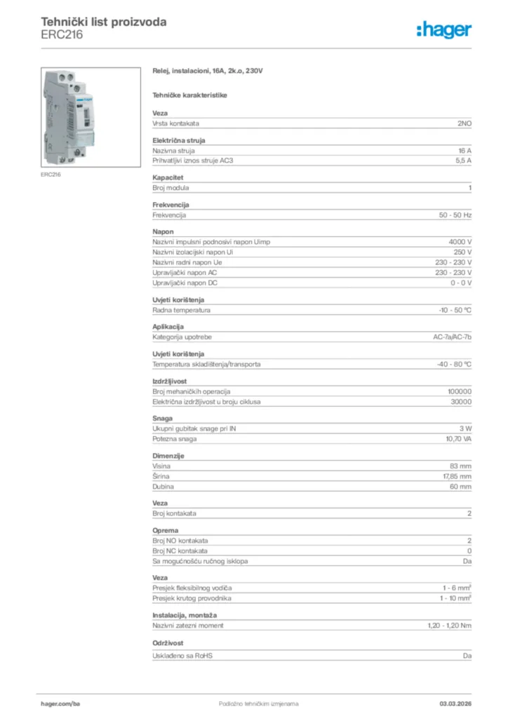 Slika Hager Tehnički list proizvoda ERC216  | Hager