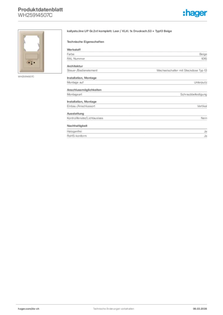 Bild Hager Produktdatenblatt WH25914507C | Hager Schweiz