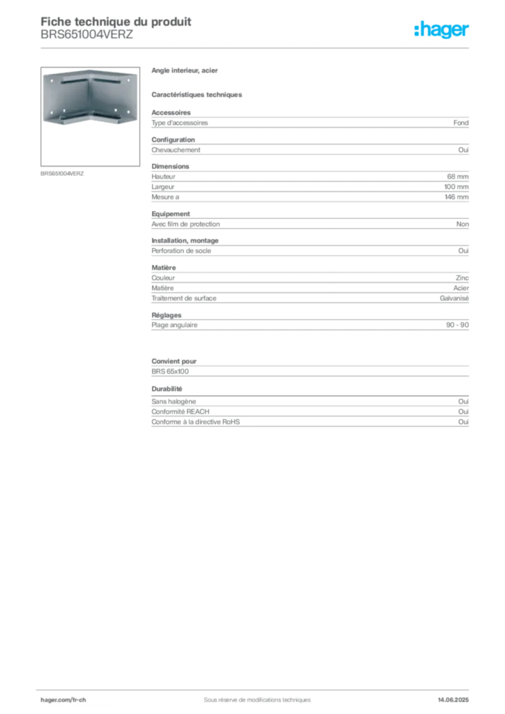 Image Hager Fiche technique du produit BRS651004VERZ | Hager Suisse