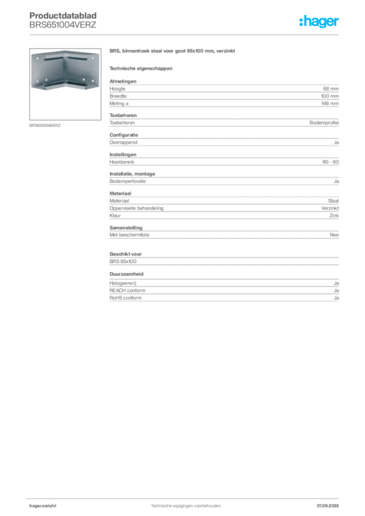 Afbeelding Hager Productdatablad BRS651004VERZ | Hager Nederland