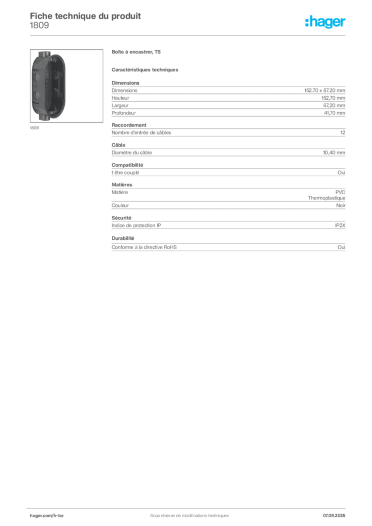 Image Hager Fiche technique du produit 1809 | Hager Belgique