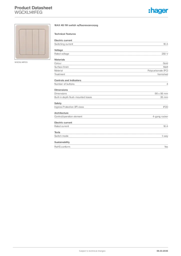 Image Hager Product data sheet WGCXL141FEG  | Hager Africa