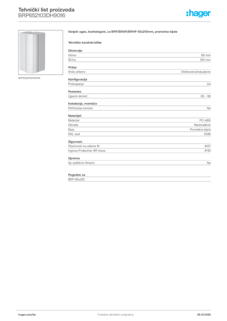 Slika Hager Product data sheet BRP652103DH9016  | Hager