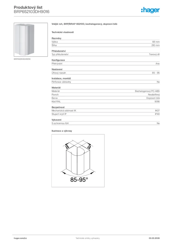 Obrázek Hager Product data sheet BRP652103DH9016 | Hager