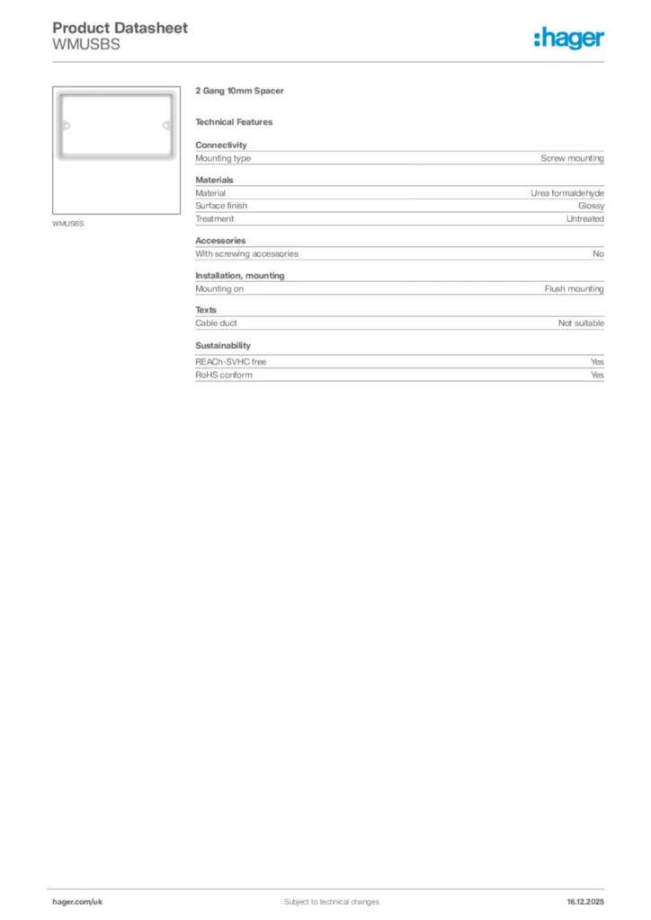 Image Hager Product data sheet WMUSBS  | Hager