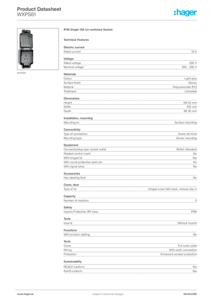 Image Hager Product data sheet WXPS81  | Hager