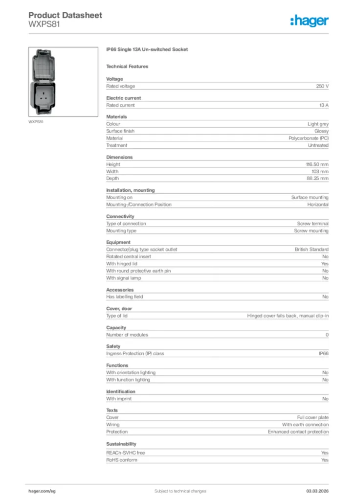 Image Hager Product data sheet WXPS81  | Hager