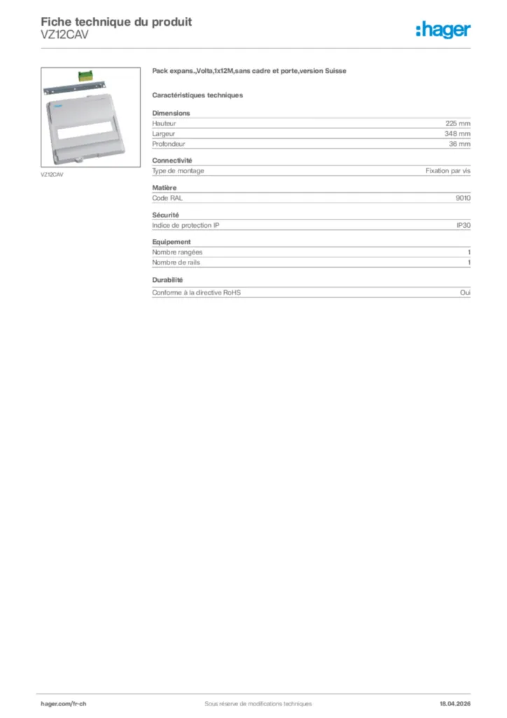Image Hager Fiche technique du produit VZ12CAV | Hager Suisse