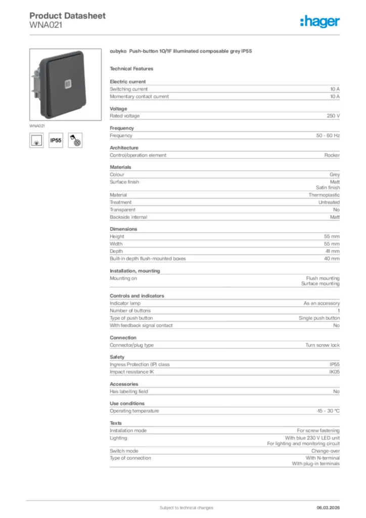Image Hager Product data sheet WNA021  | Hager Africa