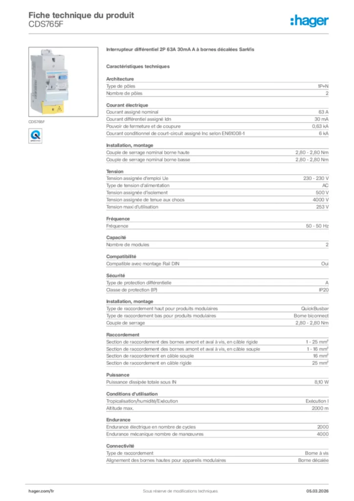 Image Hager Fiche technique du produit CDS765F | Hager France