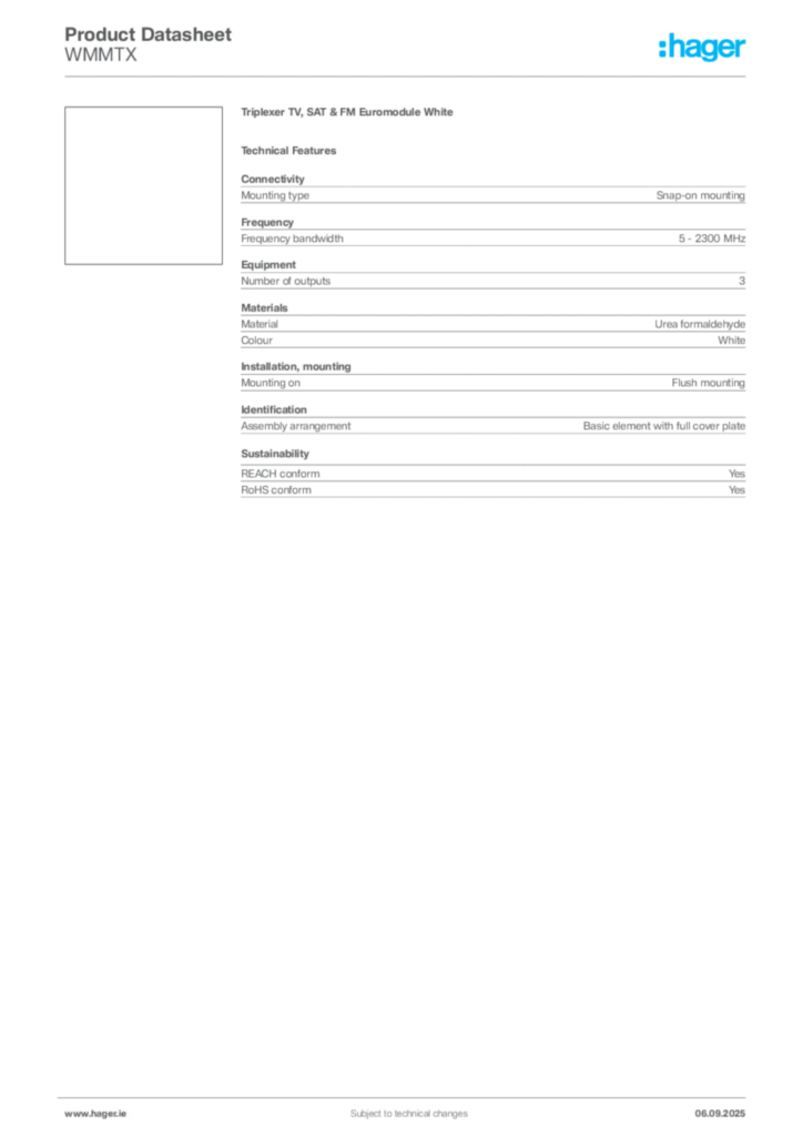 Image Hager Product data sheet WMMTX  | Hager