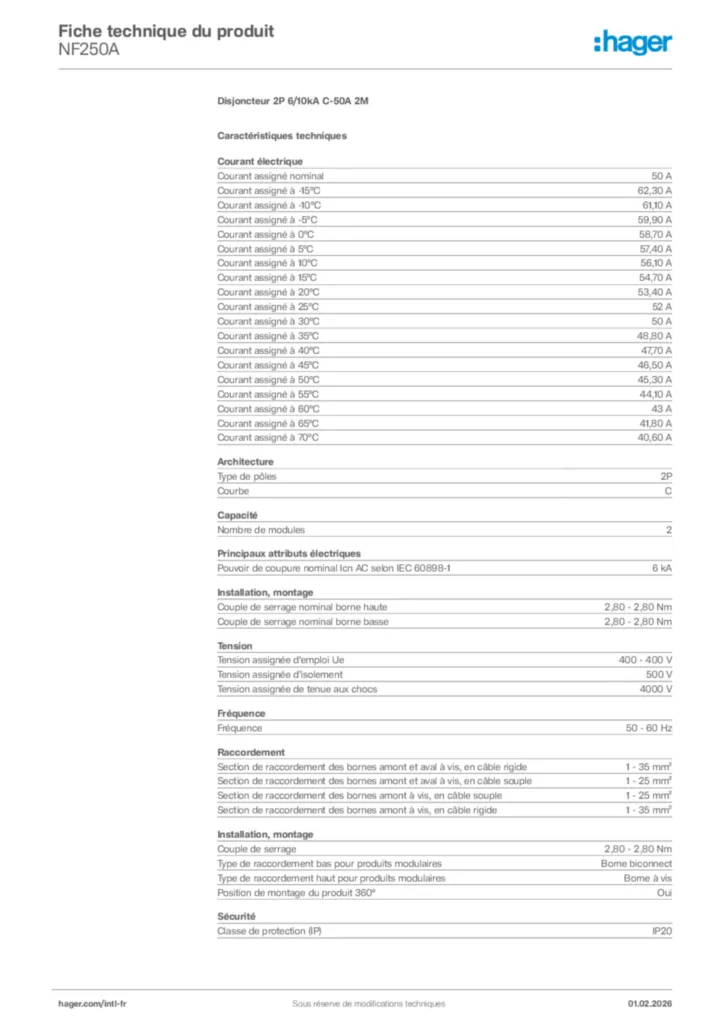 Image Hager Fiche technique du produit NF250A | Hager Afrique