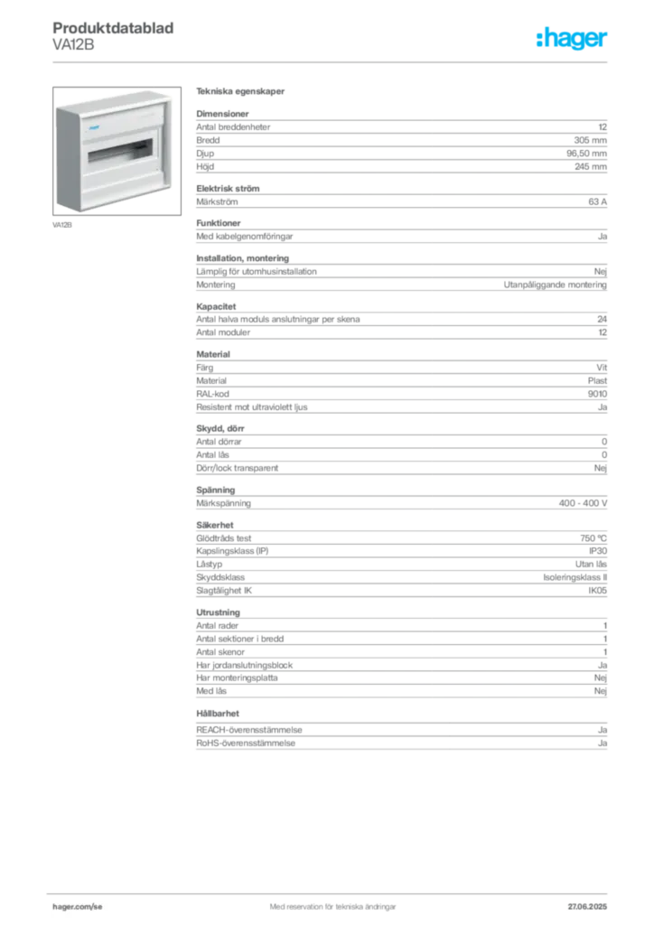 Bild Hager Produktdatablad VA12B | Hager Sverige