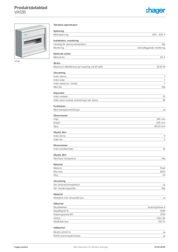 Bild Hager Produktdatablad VA12B | Hager Sverige