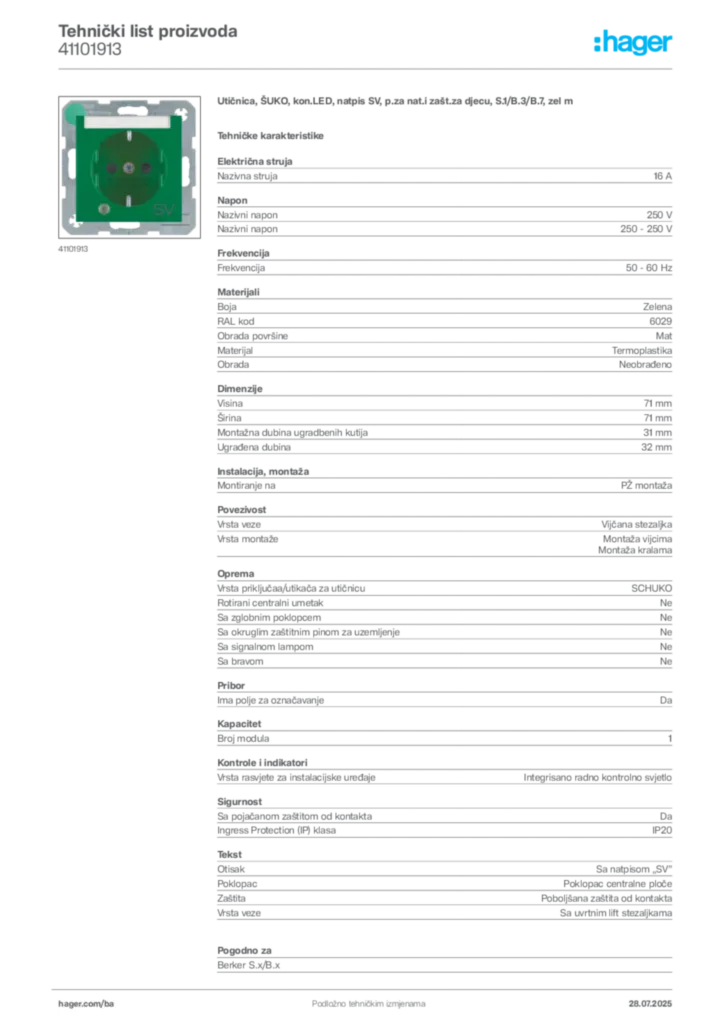Slika Hager Product data sheet 41101913  | Hager