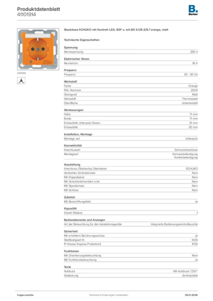 Berker Produktdatenblatt 41101914