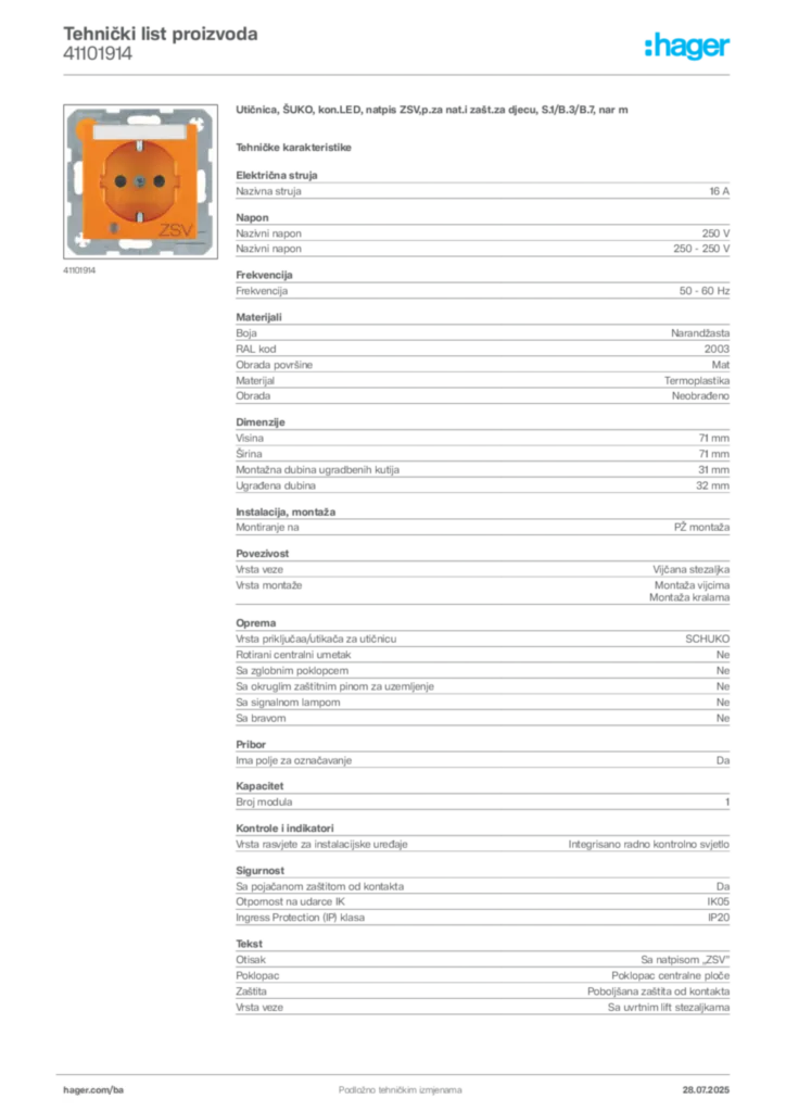 Slika Hager Product data sheet 41101914  | Hager