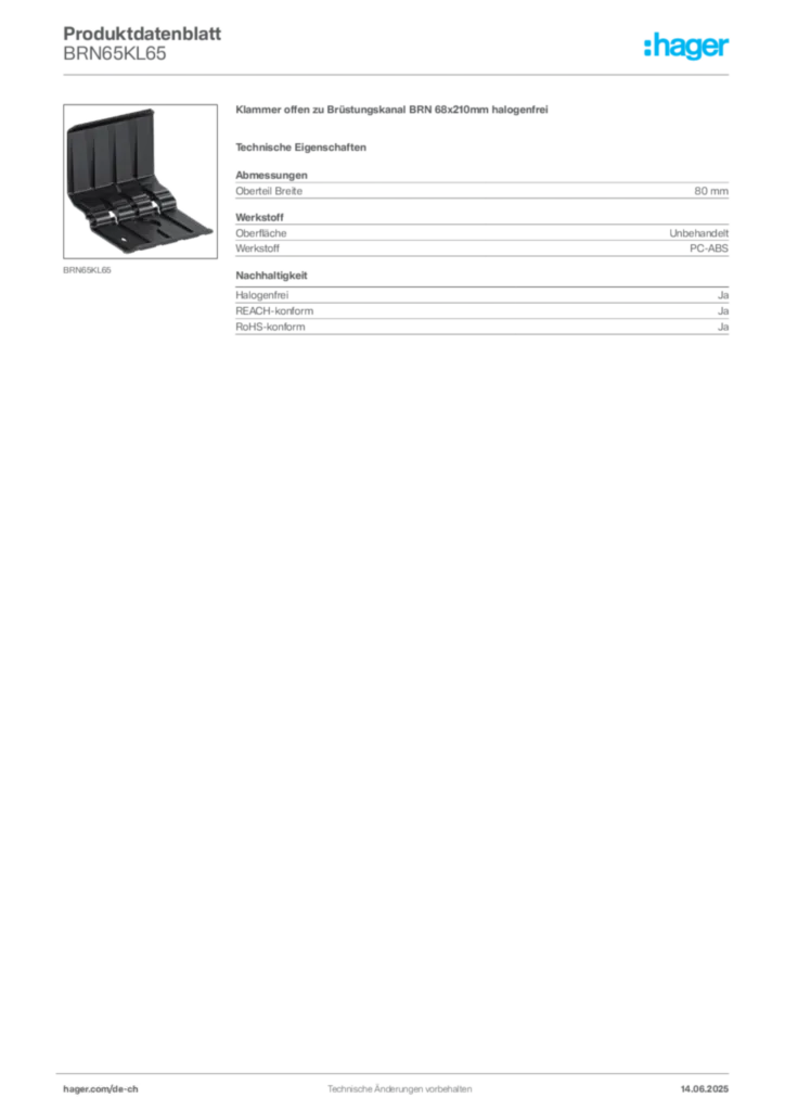 Bild Hager Produktdatenblatt BRN65KL65 | Hager Schweiz