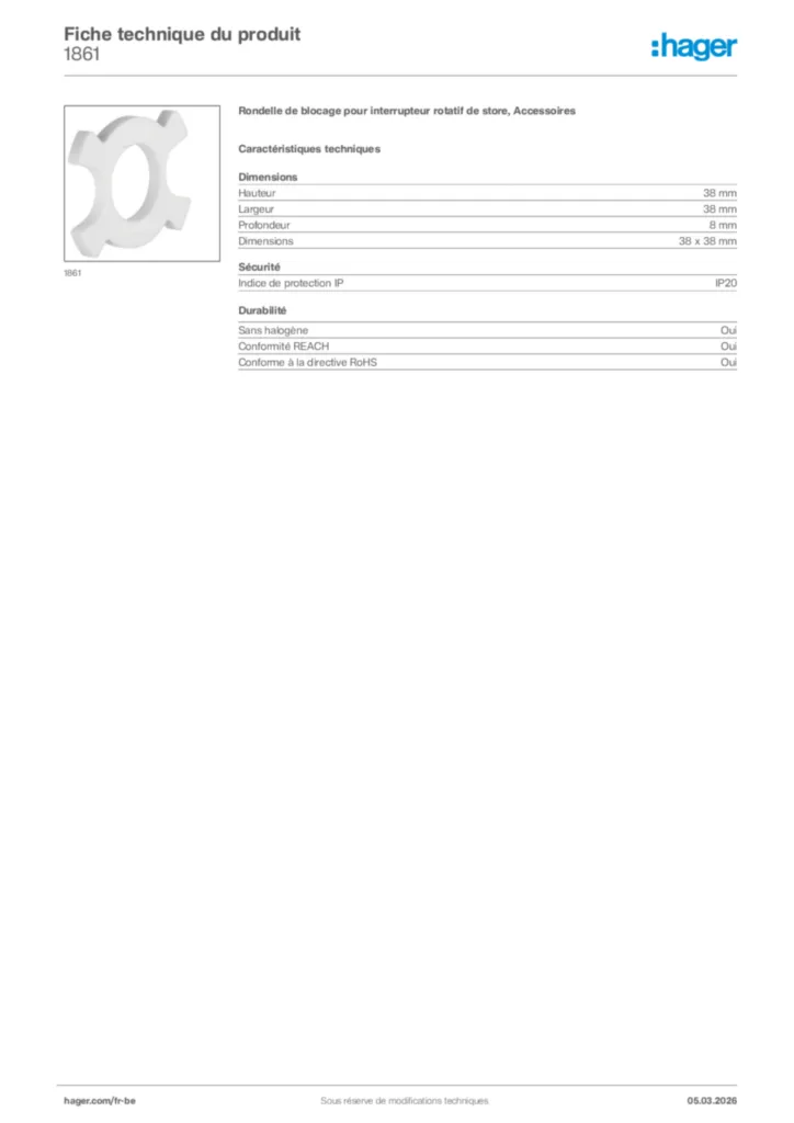 Image Hager Fiche technique du produit 1861 | Hager Belgique