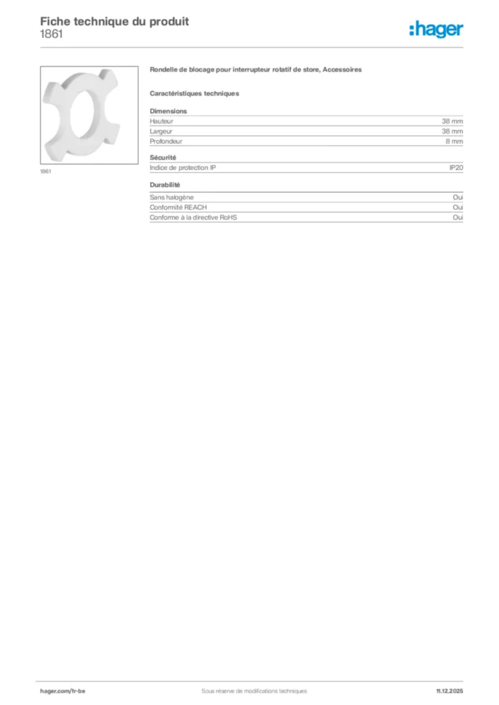 Image Hager Fiche technique du produit 1861 | Hager Belgique
